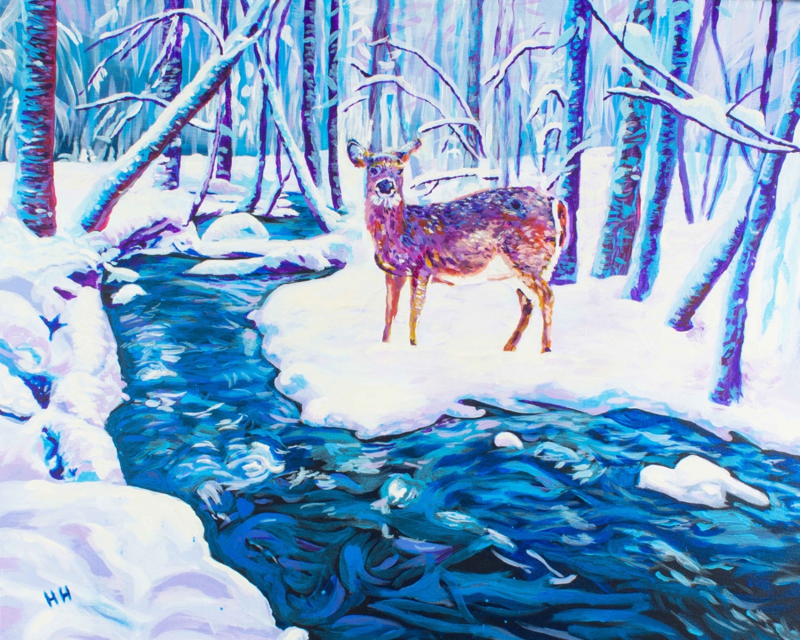 Original acrylic painting 16x20 winter scene, river, deer, impressionism