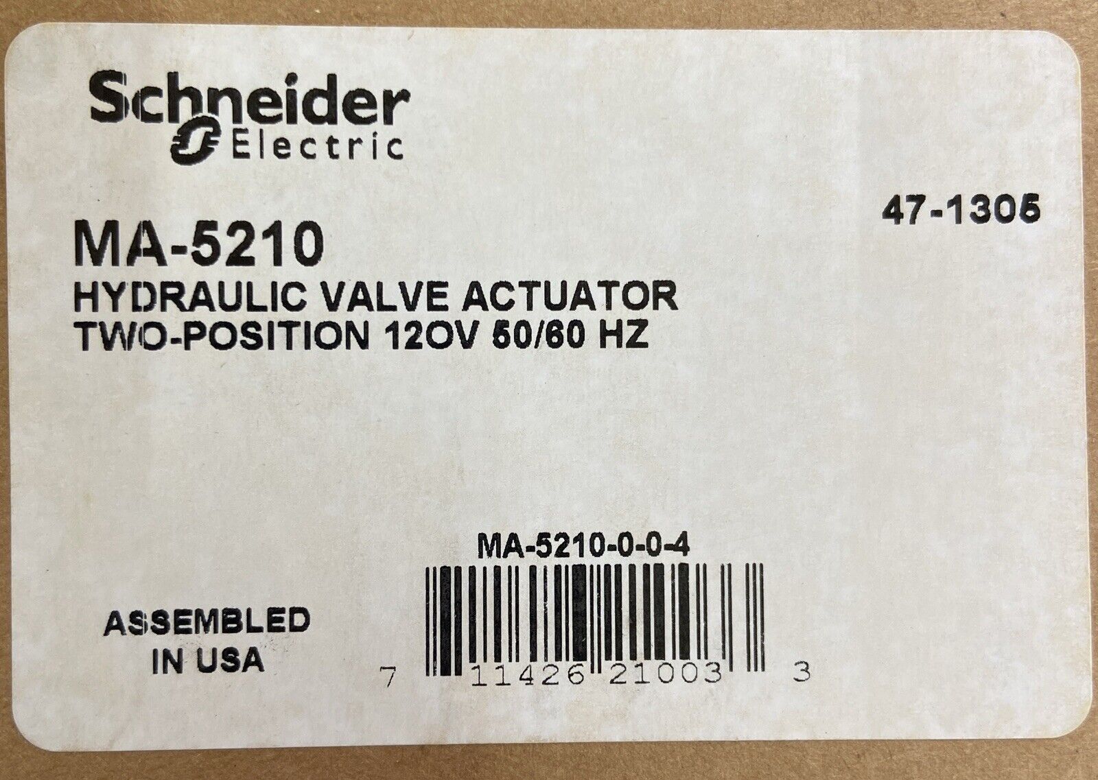 SCHNEIDER ELECTRIC Barber-Colman- MA-5210, Hydraulic Valve Actuator,120V 50/60HZ