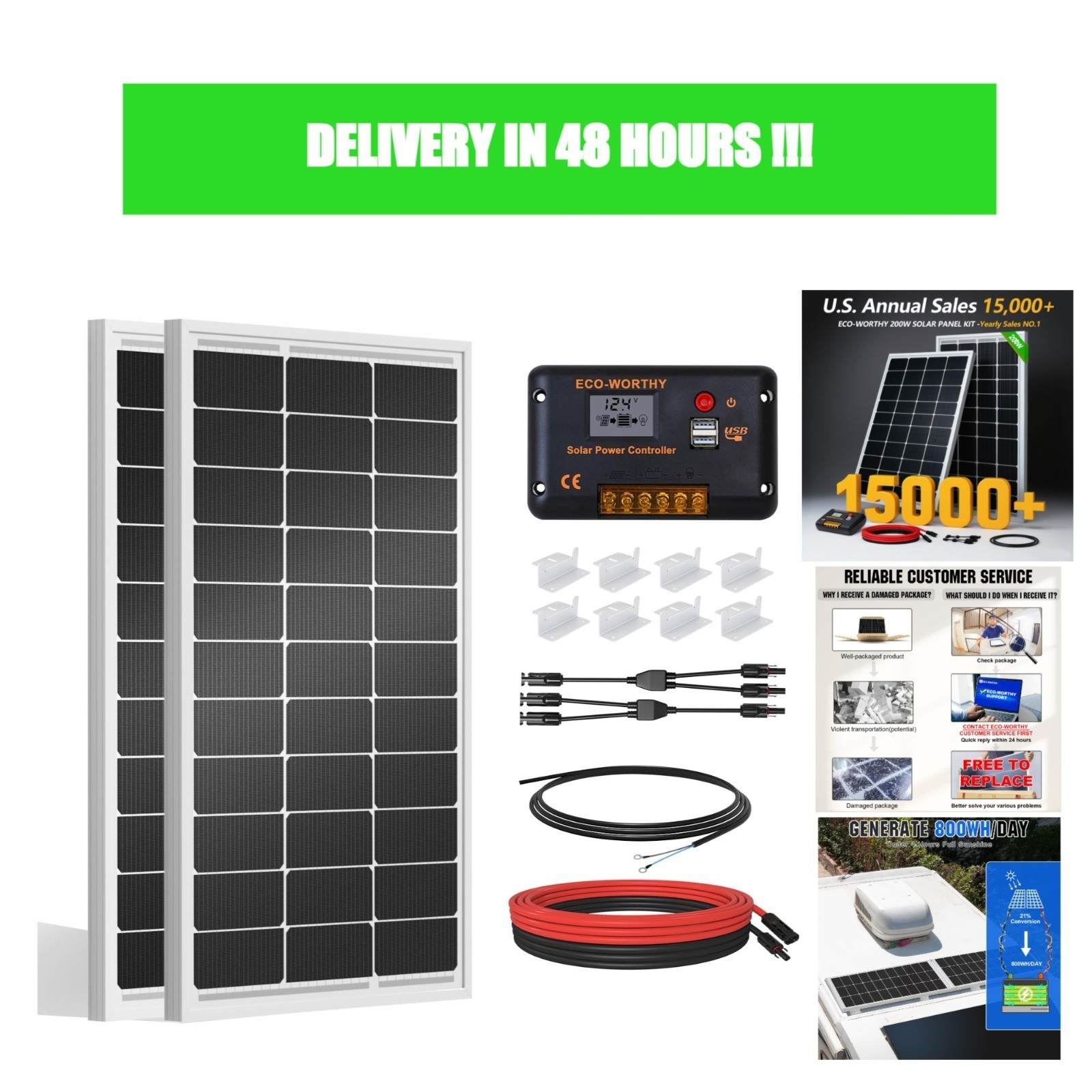 ECO-WORTHY 200W Solar Panel Kit 12V/24V Monocrystalline with 30A PWM Controller