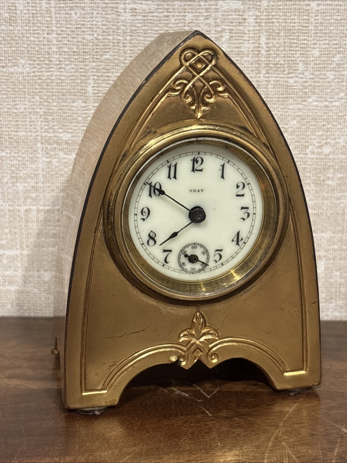 Unsigned Antique Miniature Brass 8 Day Shelf Clock - Runs See description.