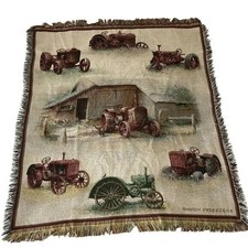 Vtg Sharon Pedersen Farm Tractors Tapestry Throw Blanket Made in USA 49 x 59 picture