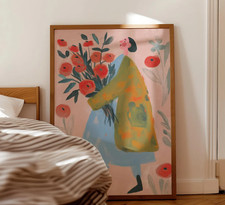 Woman Flower Folk Art Print Boho Floral Wall Decor Colorful Home Artwork picture