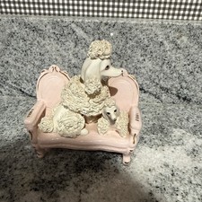 Charming VTG Japan White Ceramic Spaghetti Poodle Figurines on Pink Loveseat picture
