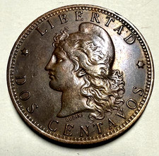 (256) Argentina, 1893, Dos Centavos, Very attractive, toning, double strike picture