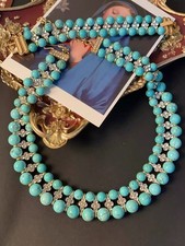 Turquoise Statement Necklace & Bracelet Double Strand Crystal Vintage Style picture