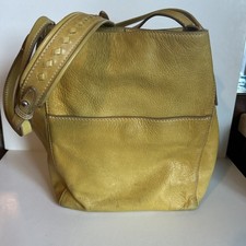 Womens Frye Reed Leather Hobo Shoulder Tote Bag Purse Handbag Yellow Distressed picture