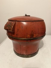 Antique Wood Storage Box Brass Trim Red Decorative Lidded Container 11” picture