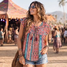 NWT Savanna Jane Pink Red Embroidered Tasseled Blouse Top Boho Festival Women L picture