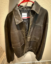 Bershka Men’s Bomber Jacket Leather Brown Size L Full Zip Point Collar picture