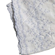 Vintage Mid-Century Full Flat Sheet Blue Floral Embroidered Scalloped 100x82 picture