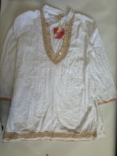 Sand & Spirit Womens Top Size L White Embroidered Mirror V-Neck Tunic Blouse NWT picture