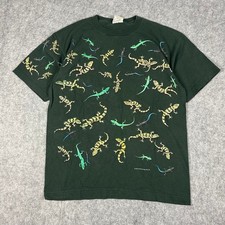 Vintage 90s Nature Facts Gecko Reptile Nature AOP Puff Print T-Shirt Size Large picture