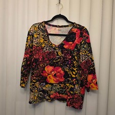 Anne Klein Sport 2x, 3/4-sleeve V-neck top with vibrant colorful floral animal picture