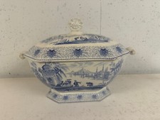 Antique William Adams Persia Pattern Blue & White Transferware Tureen w/ Ladle picture