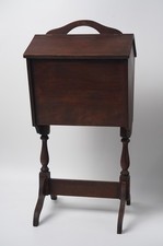 Vintage Dark Brown Wood Sewing Box Stand Hinged Double Lid Caddy Trestle Legs picture