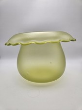 Vintage Uranium Yellow Satin Glass Vaseline Bowl Vase Frosted with Scallop Rim picture