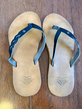 Roxy Women's Thong Sandals Beige/Black Logo Straps Slip On Size 8/9 picture