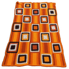Crocheted Granny Square and Stripes Woolen Blanket Afghan Orange Handmade 78x54