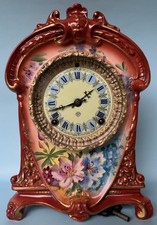 ANTIQUE-ANSONIA-ROYAL BONN-LA CRUZ-CLOCK-PORCELAIN DIAL-GLOWS GREEN-KEY-WORKS picture