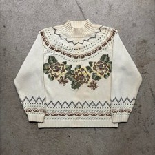 Vintage Eddie Bauer 90s Geometric Floral Knit Sweater Cream Tan Mens Small picture