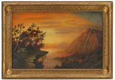 Antique Original Oil Painting Of A  Coastal / Seascape Sunset and Mountains picture