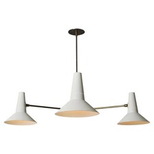 Handcrafted large, triangular, white-and-brass chandelier in the Mid-Century picture