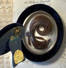 Antique French Hair Art Mourning, Memento in Silk Velvet Easel Frame, Lemonnier picture