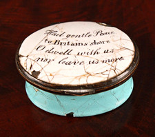 American interest - an unusual 18th century Bilston Enamel patch box, inscribed picture
