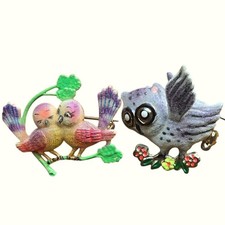 Vintage Flocked Owl Lovebird Brooches Korea Enamel Pin Set of 2 Anthropomorphic picture