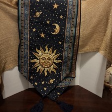 Vintage Antique 1990s Celestial Sun Moon Table Runner Blue picture