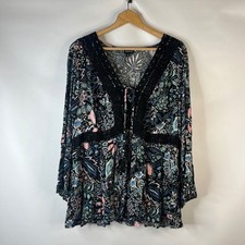 Torrid Blouse Women 2 Black Floral Paisley Boho Crochet Lace Tassel V-Neck Top picture