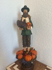 VTG Pilgrim Figure Figurine with Turkey and Pumpkins Thanksgiving Decor picture