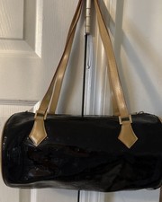 Vintage Arcadia Black Patent Italian Drum Vachetta Double Handle Made In Italy picture