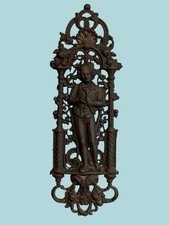 Antique Ornate Figural Heavy Cast Iron Relief Man Smoking Pipe Wall Plaque Art picture
