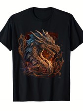 Men'S Vintage Dragon Graphic T-Shirt - Fantasy Art Tee with & Golden Dragon Prin picture