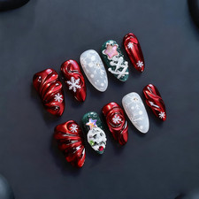 24Pcs Handmade Christmas Press on Nails Medium Almond Fake Nails with Christmas picture