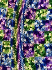 Vintage Handmade Crochet Afghan Throw MCM Green,Purple, Blue Granny Square 38x70 picture