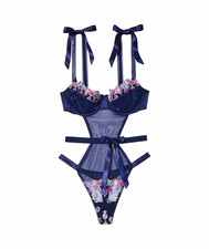 Victoria's Secret Teddy Bodysuit Longerie XS Navy Floral Lace with Bow Thong NWT picture