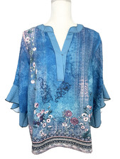 Shall We Womens Blouse Size XL Blue Pink Floral V Neck 3/4 Bell Sleeve Top picture