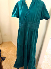 Quince Women's XL Green Organic Cotton Midi Dress V-Neck Puff Sleeve Smocked picture