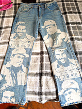 Asaali Jean Co Men’s Blue Denim Straight Jeans Graphic Face Print 5-Pocket picture