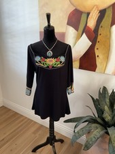 Vintage Collection Embroidered Stretch Top Blouse Black 3/4 Sleeves Size  XL picture