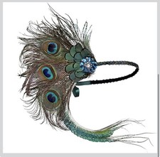 1920s Gatsby Flapper Feather Headband Beaded Blue Green Costume picture