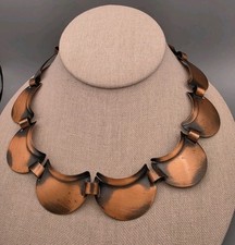 Vtg Copper Scalloped Panel Necklace Boho MCM 16.75