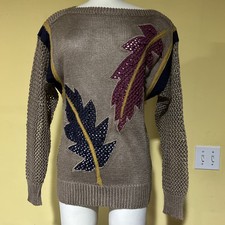 ESCADA VTG 80s Open Knit Beaded Applique Sweater Leaf SRB Western Germany EU 34 picture