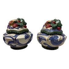 Fitz and Floyd Fruit Harvest Trinket Boxes Set of 2 Ceramic Blue Gold Lidded picture