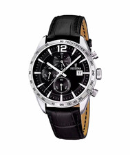 Festina Quartz Chronograph Date Tachymeter Black Dial Leather Strap Watch picture