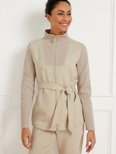 T by Talbots Airknit Stretch Mockneck Belted Sweater Jacket Medium Tan Beige NWT picture