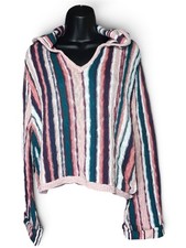 ROXY Sun Express Hooded Sweater Sz M Multicolor Stripe VNeck Knit 100% Cotton picture