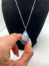Wedgwood Blue Jasperware Porcelain Teardrop Floral Pendant Necklace Signed picture